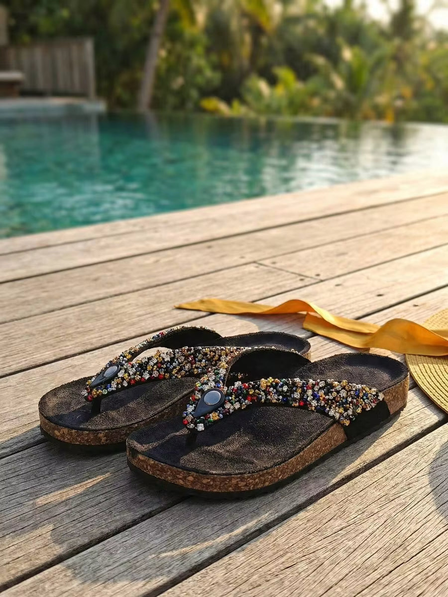 roulvxiang Wide Fit Sparkle All Day: Full-Coverage Rhinestone Thong Sandals With Faux Wood Texture Sole - Fashionable Flat Flip Flops For Women's Summer Style