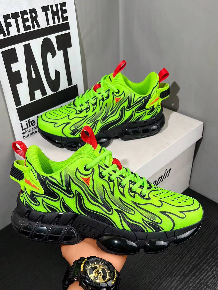Men's Neon Green Flame Pattern Minimalist Casual Comfortable Running Shoes, Daily Colorblock Low-Top Commuting Outdoor Sports Sneakers